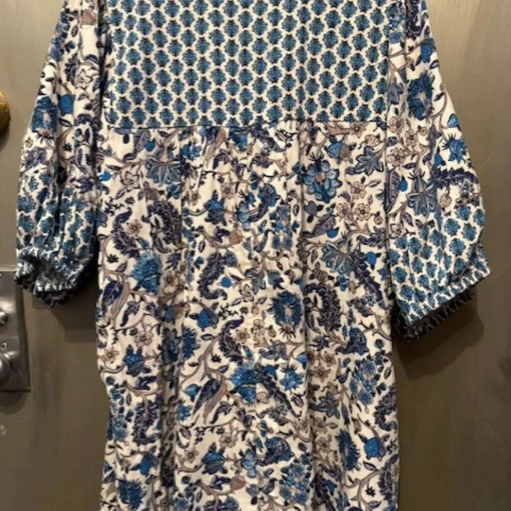 Retro Puff Sleeve Blue Bohemian Floral Tassel Tie Dress - Picture 13 of 16